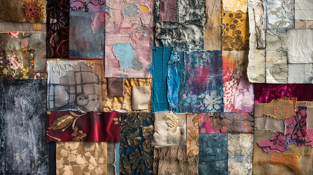 Abstract textile collage with various vintage fabric textures and patterns