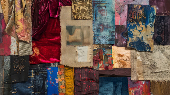 Abstract fabric collage with diverse textures and colorful textile patterns