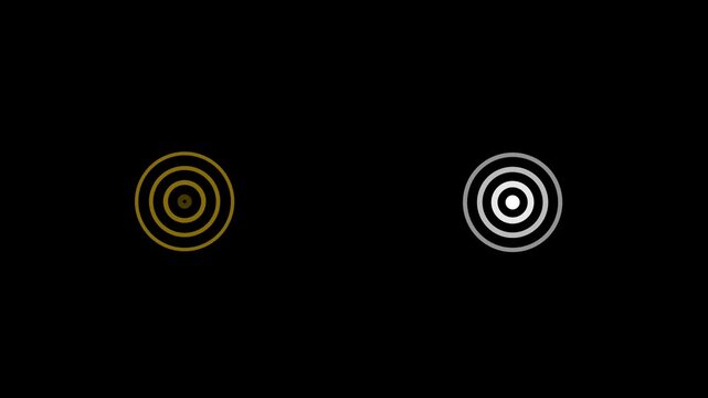Minimalist concentric circles motion gold and silver pulsing rings on black background, abstract