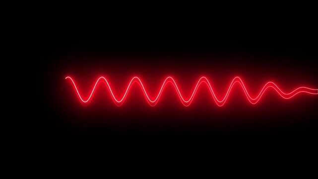 Red neon sine wave pulse animation, glowing abstract audio frequency signal on black background