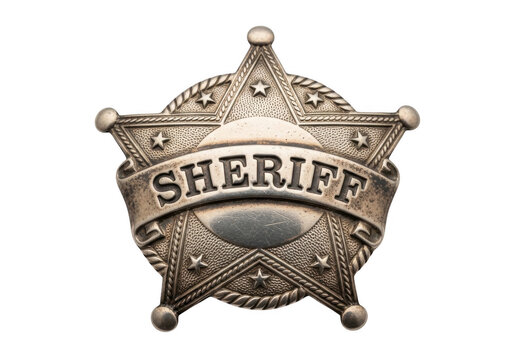 Vintage silver sheriff badge with a five-pointed star, rope border, and engraved lettering isolated on a solid black background