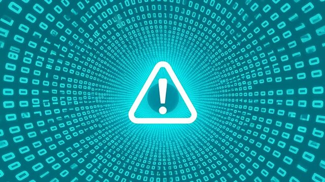 A digital warning symbol floating inside a tunnel of binary code