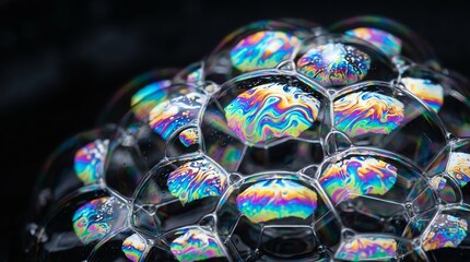 Fototapeta premium Close-up of colorful soap bubbles reflecting light on a dark background.