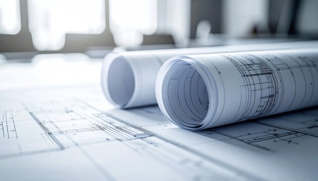 Rolled Architectural Blueprints Resting on Detailed Building Plans in Bright Design Studio