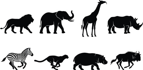 African Safari Animals Silhouette Set Including Lion Elephant Giraffe Rhino Zebra Cheetah Hippopotamus and Wildebeest Isolated on White Background © Sobuz