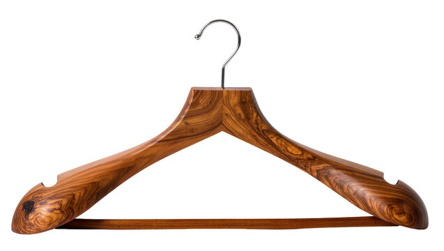 Wooden clothes hanger with metal hook and natural grain texture