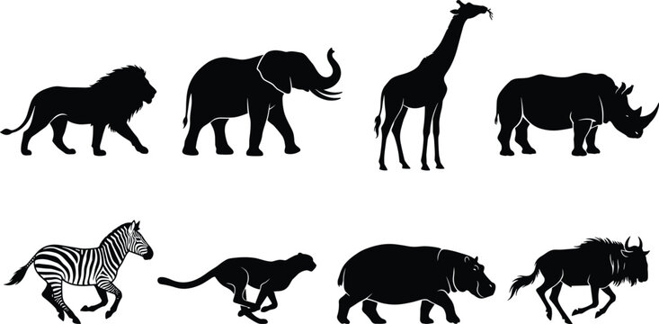 African Safari Animals Silhouette Set Including Lion Elephant Giraffe Rhino Zebra Cheetah Hippopotamus and Wildebeest Isolated on White Background