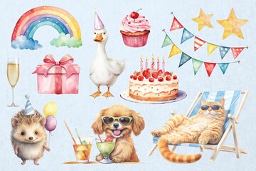 Fototapeta premium Watercolor party animal element set