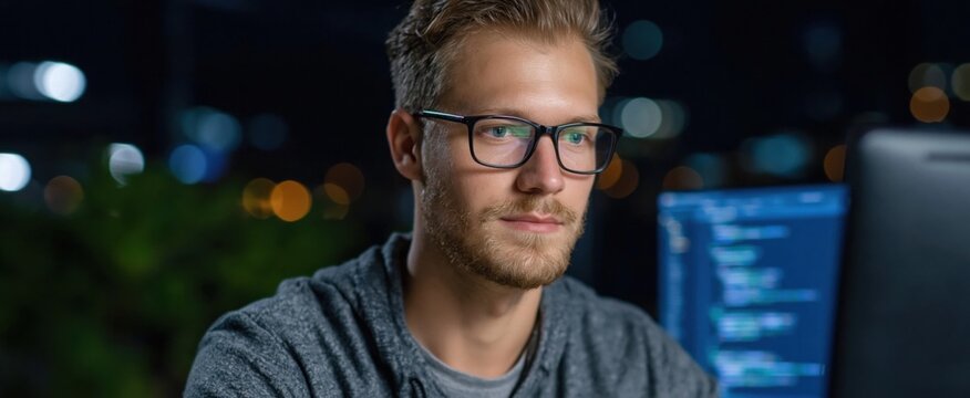Innovative coding platform. AI-powered software engineering with automated debugging. Developer leveraging AI to write code for building applications on desktop computer.