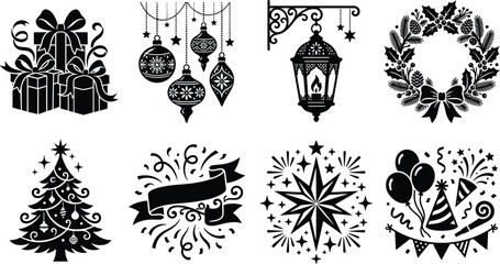 Obraz premium Black Christmas and New Year Holiday Silhouette Icons Set with Christmas Tree, Gifts, Wreath, Lantern, and Party Elements