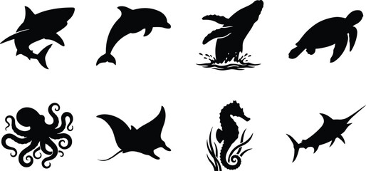 Black sea creatures silhouettes collection including shark dolphin whale turtle octopus manta ray seahorse and swordfish isolated on white © Sobuz
