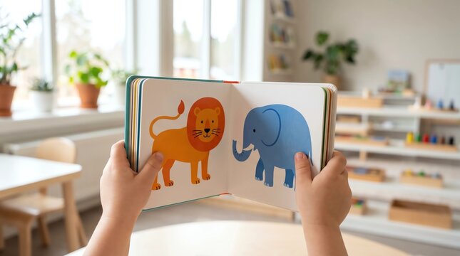 Child hands holding open colorful animal picture flashcard book for autism AAC vocabulary and language development therapy