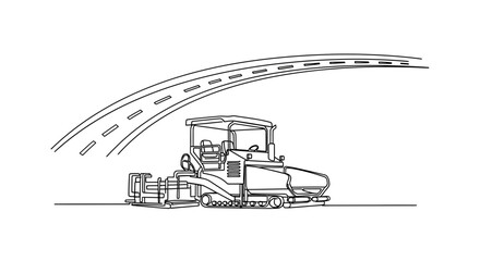 Asphalt Paver Machine Working on Road Construction Site, Line Art Illustration © Siap