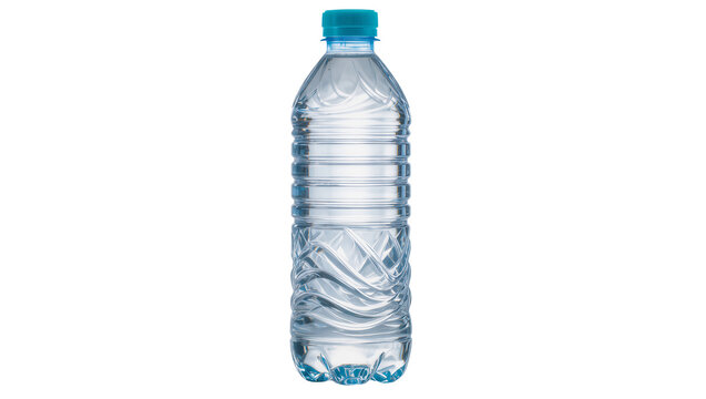 Clear plastic bottle filled with clear water and blue cap