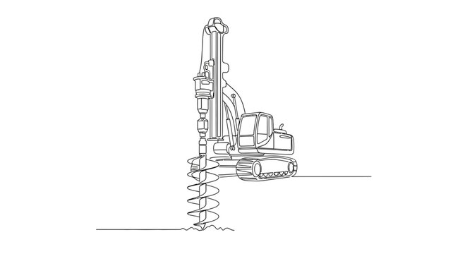 Construction drill rig with auger boring into ground, line art illustration