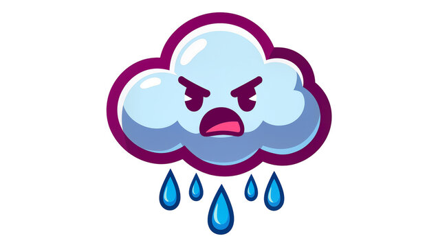 Angry cartoon cloud raining blue water drops
