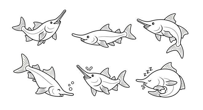 Cute Paddlefish Set in Cartoon Line Art Style