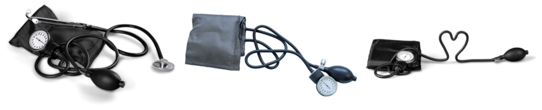 Three medical blood pressure monitors and a stethoscope, isolated on transparent background