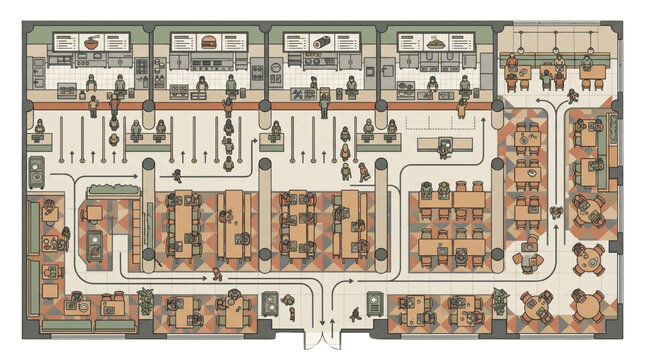 Flat vector collection of food court cafeteria floor plan blueprint entourage elements with dining tables and kitchen stalls
