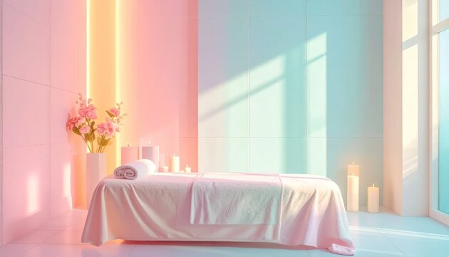 Serene Pastel Spa Massage Table Arranged with Candles and Flowers in Sunlit Treatment Room