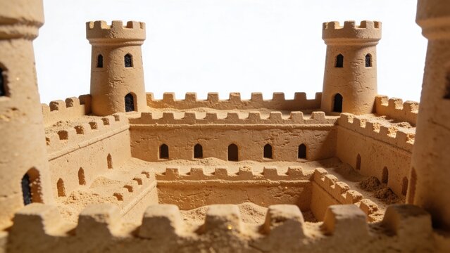 Detailed sandcastle fortification with turrets and walls on white background