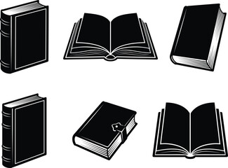 Book silhouettes vector pack, upright closed designs, stacked illustrations, open pages icons, literature education resources, library study symbols, academic learning graphics © Habiba