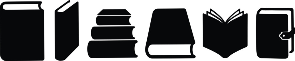 Book silhouettes vector pack, upright closed designs, stacked illustrations, open pages icons, clasped covers, literature education resources, library study graphics © Habiba