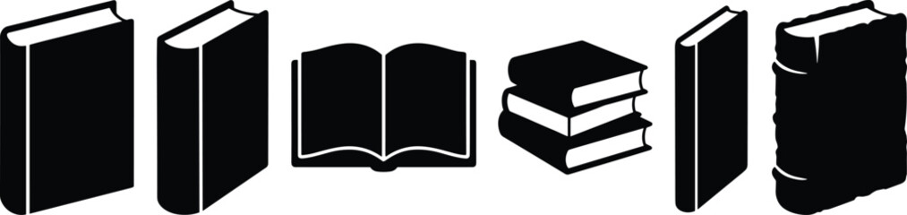 Book silhouettes vector pack, upright closed designs, stacked illustrations, ornate spines, open pages icons, literature education resources, academic learning graphics © Habiba