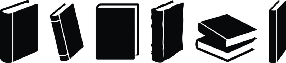 Book silhouettes vector pack, upright closed designs, ornate spines, stacked illustrations, literature education resources, library study symbols, academic learning graphics © Habiba