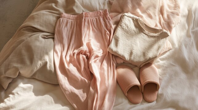 Soft pastel-colored loungewear set with matching slippers casually arranged on a rumpled bed