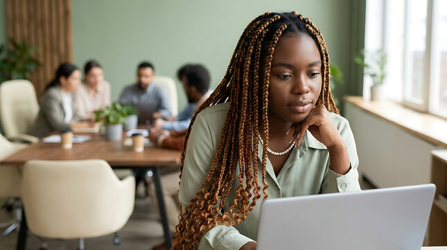 Young professional woman with dreadlocks working on laptop in office setting with colleagues