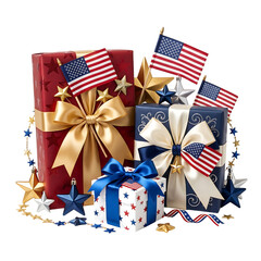 Fototapeta premium Patriotic gift boxes with american flags and stars on transparent background