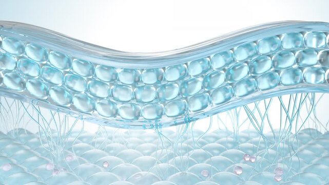 3D animation showing active bubbles penetrating through skin layers to repair and rejuvenate damaged skin cells.