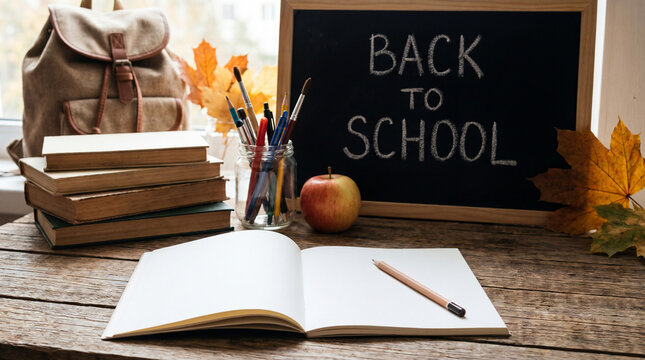 Back to school concept with blackboard, backpack, stack of books, apple, and open notebook on a rustic wooden desk