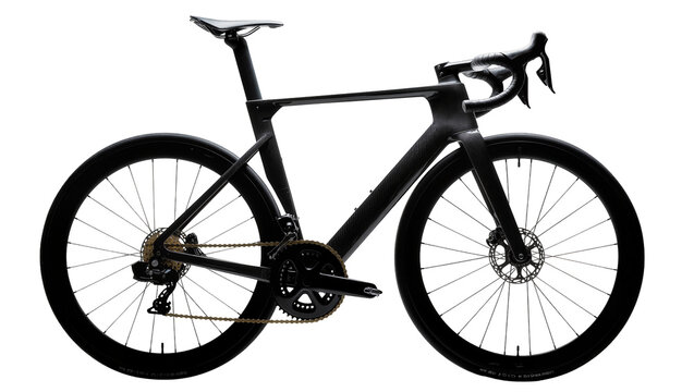 Black carbon fiber road bicycle with disc brakes and deep section wheels
