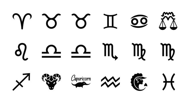 Zodiac signs black symbols on white background for astrology and concepts