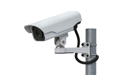 White security camera mounted on metal pole with black cable © Lukas