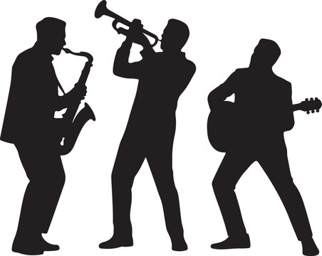 Silhouette of a jazz band with a saxophone player, a trumpet player, and a guitar player performing music