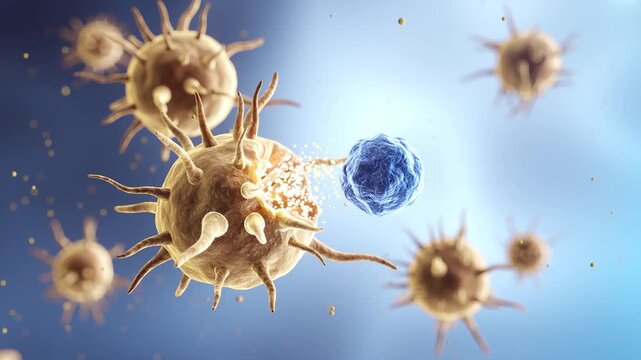 Microscopic view of Microglia immune defense, attacking and destroying virus particles in neural tissue.