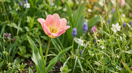 Obraz premium A beautiful pink tulip stands out in a vibrant garden scene.