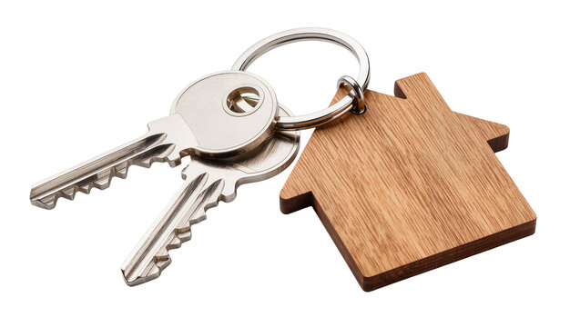 House shaped wooden keychain with two metal keys