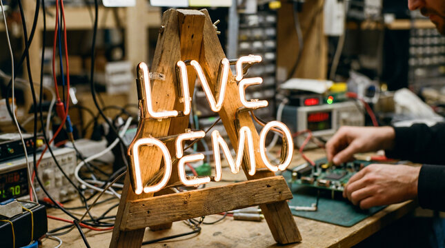 Live demo neon sign illuminating a busy electronics workbench with a person repairing a circuit board