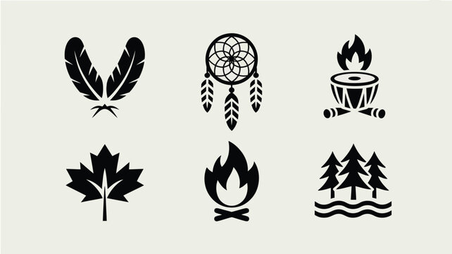 Collection of traditional native symbols including feathers dreamcatcher fire and maple.