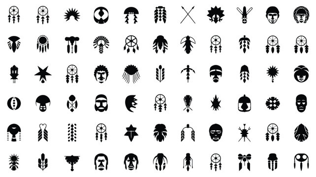 Large set of indigenous black silhouette icons featuring tribal patterns and masks design.
