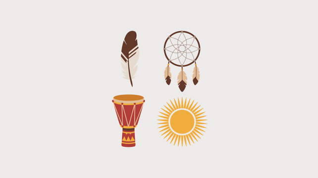 Set of isolated colorful icons depicting native cultural elements on a neutral background.