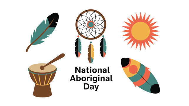National aboriginal day celebration elements with feathers dreamcatcher sun and drum icons.