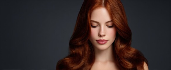 Fototapeta premium Flowing auburn hair radiates warmth and tranquility in a serene studio portrait.
