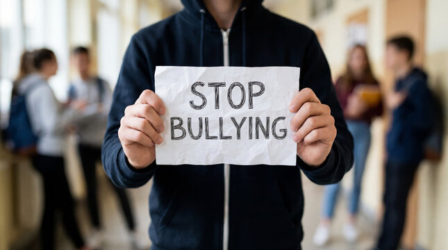 Student holding stop bullying sign in school corridor, promoting anti bullying awareness and support campaign