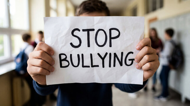 Student holding stop bullying sign in school hallway expressing prevention and awareness message