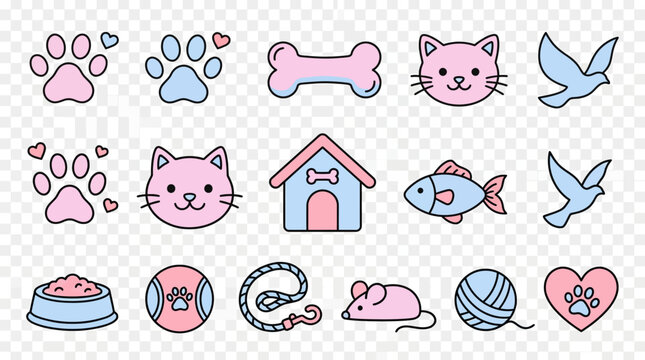 funny cute cartoon animal set with cat dog bear bird teddy characters, vector illustration design for baby love card, pink heart pattern banner, fun pet toy art